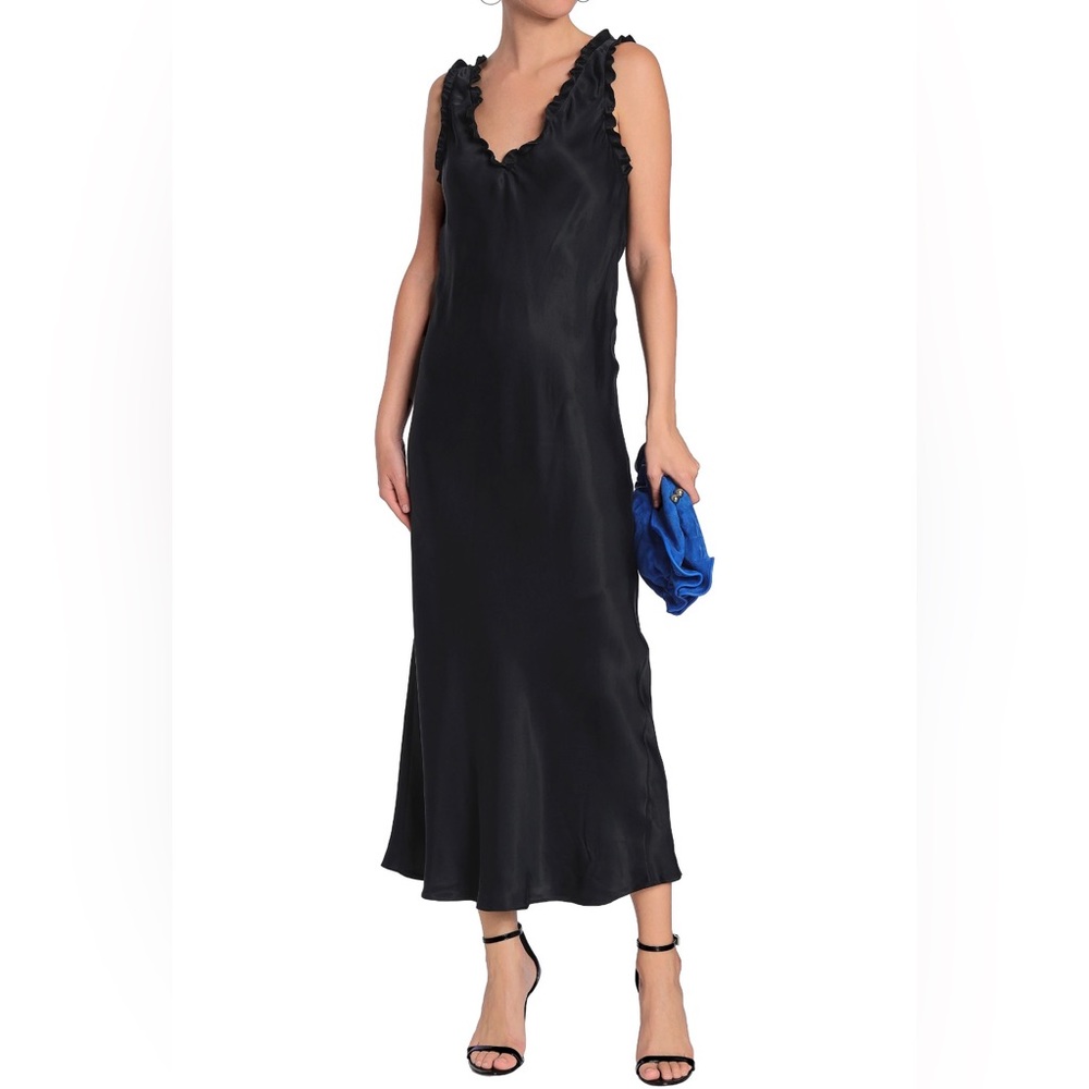 Tibi Ruffled-Trimmed Washed Satin Midi Dress